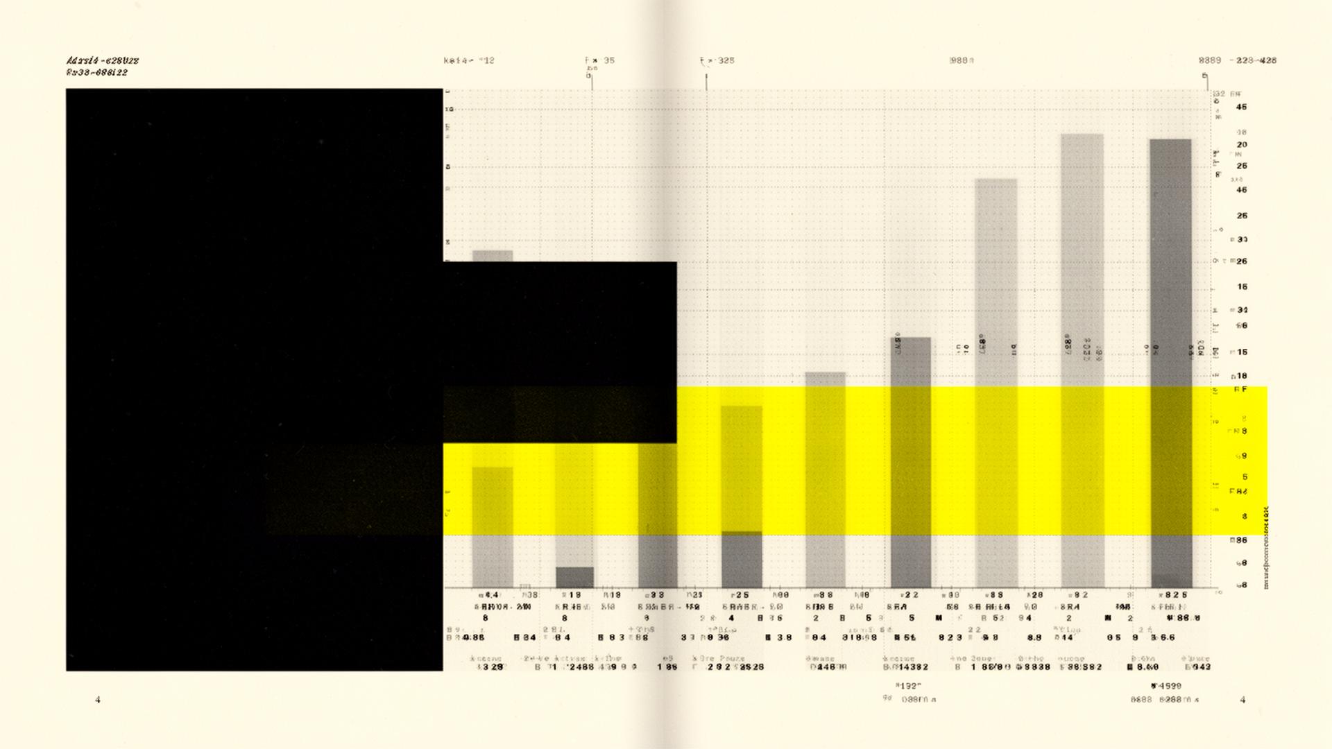 Pieza editorial abstracta: barras de datos con franja amarilla sobre fondo crema.
