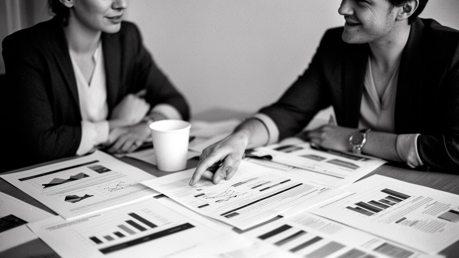 Dos profesionales de RRHH revisando juntos un informe impreso con gráficos, en blanco y negro con grano fotográfico.