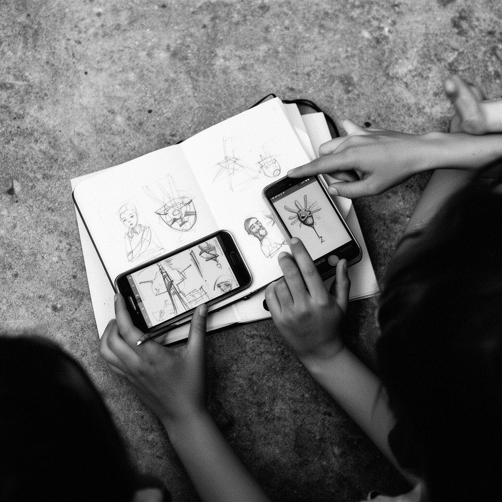 Manos escribiendo en un portátil junto a notas manuscritas, en blanco y negro.