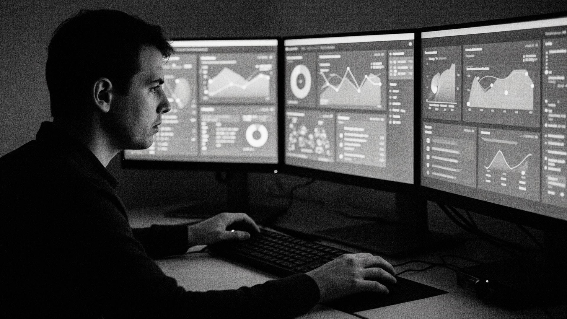 Primer plano de manos escribiendo en un portátil con un dashboard de RRHH en pantalla, en blanco y negro con grano.