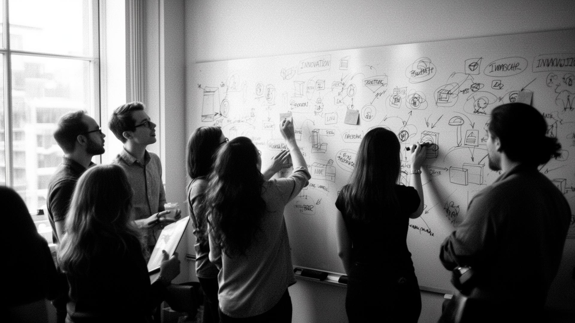 Equipo diverso de profesionales discutiendo datos en blanco y negro.